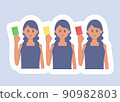 Illustration of a woman holding cards of various colors 90982803
