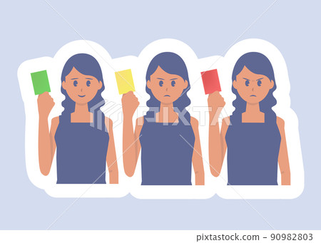 Illustration of a woman holding cards of various colors 90982803