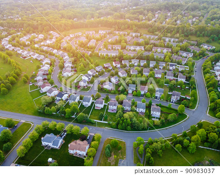 Aerial panorama view of a small town city home roofs at suburban residential quarters an New Jersey US Aerial panorama view of a small town city home roofs at suburban residential quarters an New Jersey US 90983037