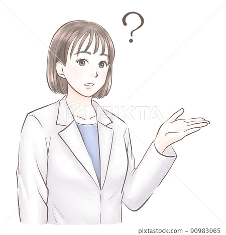 A woman in a white coat to introduce while asking a question, watercolor style 90983065