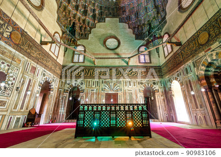 Mausoleum at Mamluk era Mosque and Madrasa of Sultan Hassan with colorful marble mosaic, and carved inscription, Cairo Mausoleum at Mamluk era Mosque and Madrasa of Sultan Hassan with colorful marble mosaic, and carved inscription, Cairo 90983106