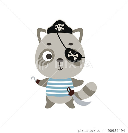 Cute little pirate raccoon with hook and blindfold. Cartoon animal character for kids t-shirts, nursery decoration, baby shower, greeting card, invitation, house interior. Vector stock illustration Cute little pirate raccoon with hook and blindfold. Cartoon animal character for kids t-shirts, nursery decoration, baby shower, greeting card, invitation, house interior. Vector stock illustration 90984494