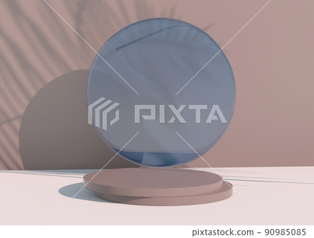 Podium with palm leaves shadows for cosmetic product presentation. Empty showcase pedestal backdrop mock up. 3d render. 90985085
