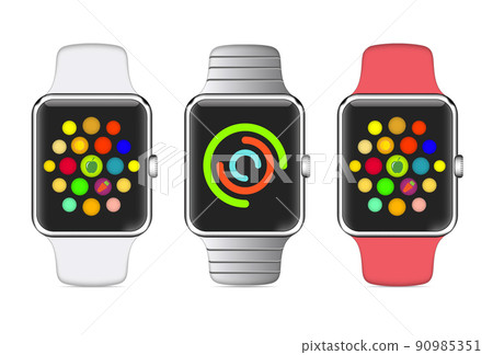 Trendy Colorful Vector Illustration Icon of Aluminium Smart Watch with Smartwatch Interface 90985351