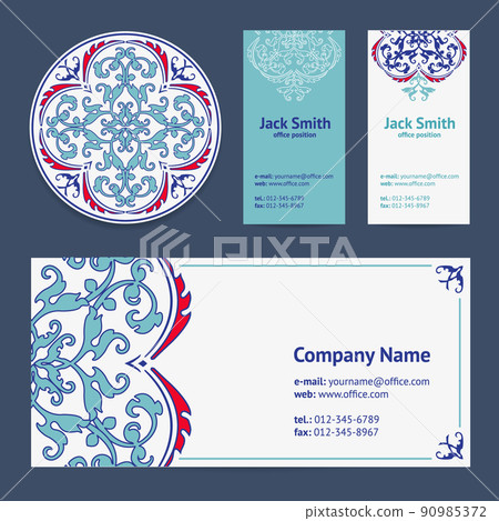 Corporative Business Cards Design Set and Envelope with Beer Mat with Turkish Ornament and Damask Pattern Background Corporative Business Cards Design Set and Envelope with Beer Mat with Turkish Ornament and Damask Pattern Background 90985372