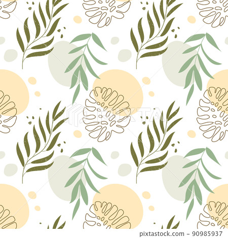 Seamless pattern in boho style, branches with leaves, monstera and abstract spots of pastel colors. Vintage texture, print, background, textile Seamless pattern in boho style, branches with leaves, monstera and abstract spots of pastel colors. Vintage texture, print, background, textile 90985937