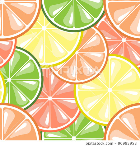 Seamless pattern of citrus fruits. Pastel colored lemons, oranges, limes and grapefruits. Textile, paper, cover, print, wallpaper Seamless pattern of citrus fruits. Pastel colored lemons, oranges, limes and grapefruits. Textile, paper, cover, print, wallpaper 90985958