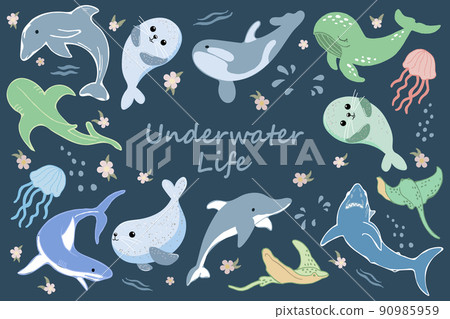 Sea animals set, cute baby whales, sharks, rays and jellyfish on a blue background with flowers and bubbles. Icons, print for children, decor elements Sea animals set, cute baby whales, sharks, rays and jellyfish on a blue background with flowers and bubbles. Icons, print for children, decor elements 90985959