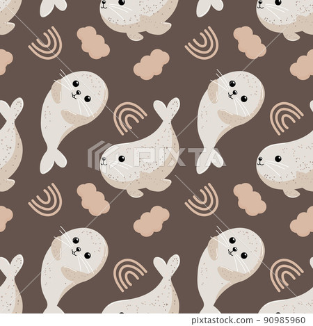 Seamless pattern, cute fur seals, rainbows and clouds on a brown background. Print for kids, textiles, kids bedroom decor, wallpaper Seamless pattern, cute fur seals, rainbows and clouds on a brown background. Print for kids, textiles, kids bedroom decor, wallpaper 90985960