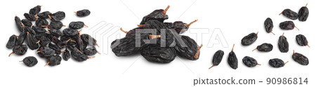 Black raisin isolated on white background. Top view. Flat lay. Set or collection Black raisin isolated on white background. Top view. Flat lay. Set or collection 90986814