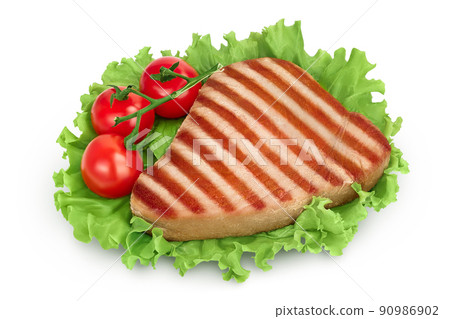 Tuna fish steak grilled isolated on white background with full depth of field. Top view. Flat lay 90986902