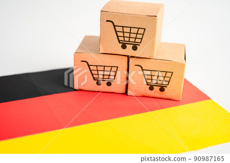 Box with shopping cart logo and Germany flag, Import Export Shopping online or eCommerce finance delivery service store product shipping, trade, supplier concept. Box with shopping cart logo and Germany flag, Import Export Shopping online or eCommerce finance delivery service store product shipping, trade, supplier concept. 90987165