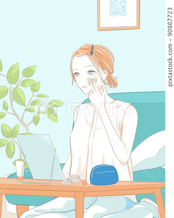 Illustration of a woman making up with face powder 90987723