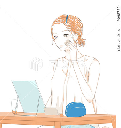 Illustration of a woman making up with foundation (white background) Illustration of a woman making up with foundation (white background) 90987724