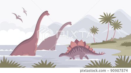 Illustration of a large brachiosaurus and stegosaurus Illustration of a large brachiosaurus and stegosaurus 90987874