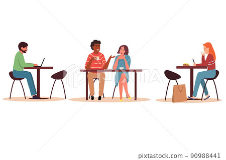 Set of people sitting at a table in a cafe or restaurant. Set of people sitting at a table in a cafe or restaurant. 90988441