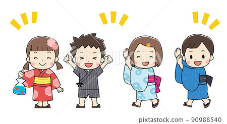 Illustrations of children wearing yukata for summer festivals with lines 90988540