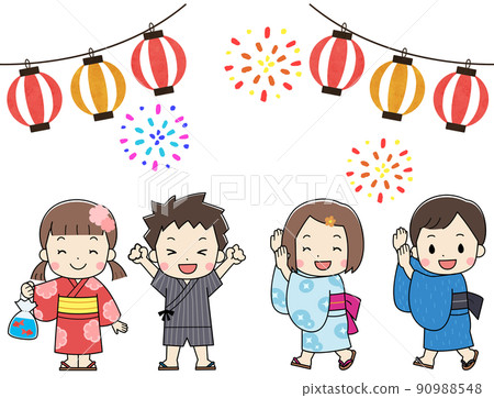 Summer festival, fireworks display, illustrations of children wearing yukata, with lines 90988548