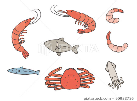 Hand-drawn illustration set of shrimp, crab, fish and squid (color) 90988756