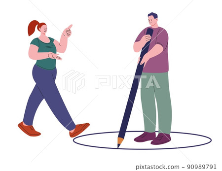 Self boundary. Respect personal borders, friendly woman violate boundaries of sad tired angry man. Build healthy relationship, asocial kicky vector person 90989791