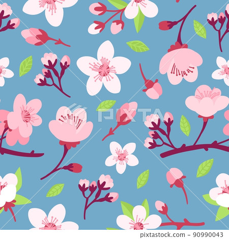 Sakura flowers seamless pattern. Cute cartoon cherry or apricot flower and branches. Garden floral print, asian japanese neoteric vector background Sakura flowers seamless pattern. Cute cartoon cherry or apricot flower and branches. Garden floral print, asian japanese neoteric vector background 90990043