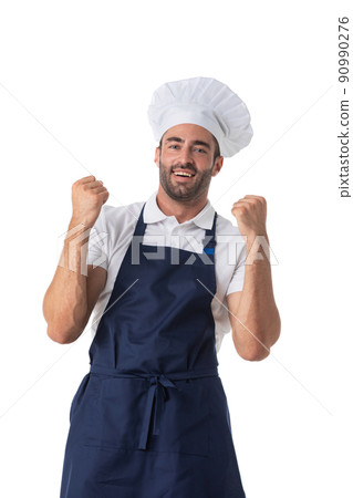 Happy cook in uniform hold fists 90990276