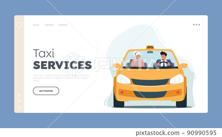 Taxi Services Landing Page Template. Old Lady Using Automobile. Taxi Driver and Elderly Woman Sit in Front Seat of Cab 90990595