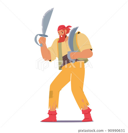 Old Pirate, Thug or Corsair, Angry Senior Filibuster Wear Ragged Clothes Attack with Sabers. Fairy Tale Personage 90990631
