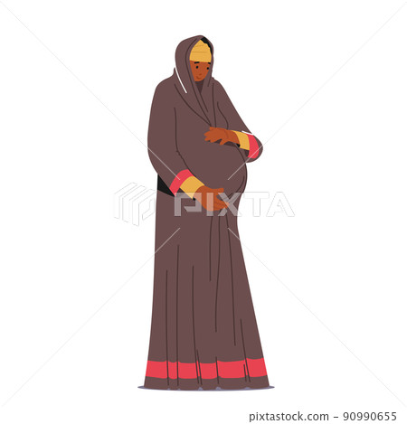 Arab Pregnant Woman, Beautiful Young Mother in Traditional Dress Hold Belly Isolated on White Background, Maternity Arab Pregnant Woman, Beautiful Young Mother in Traditional Dress Hold Belly Isolated on White Background, Maternity 90990655
