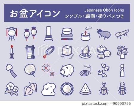 Obon icon / illustration set with line / line / painting path Obon icon / illustration set with line / line / painting path 90990736