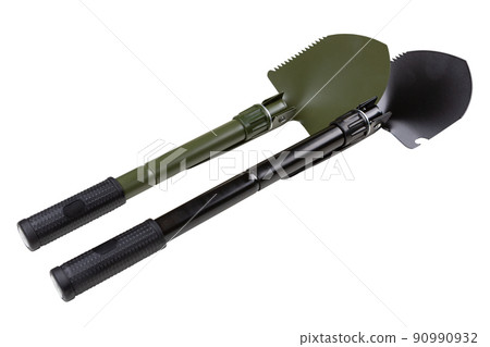 two folding sapper or tourist shovels, black and green, on a white background 90990932
