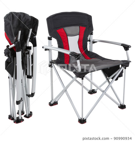 two folding camping chairs in different states, one folded, the other unfolded two folding camping chairs in different states, one folded, the other unfolded 90990934