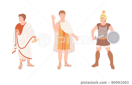 Ancient Rome citizens in traditional clothing and sandals set cartoon vector illustration 90991083