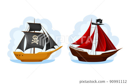Ship with black and red sails set. Vintage sailing ships, black flags with skull bones cartoon vector illustration Ship with black and red sails set. Vintage sailing ships, black flags with skull bones cartoon vector illustration 90991112