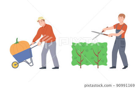 Farmers doing various works on farm. Agricultural workers harvesting pumpkins and cutting hedge cartoon vector illustration 90991169