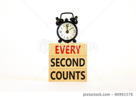 Every second counts symbol. Concept words Every second counts on wooden blocks on a beautiful white table white background. Black alarm clock. Business, motivational and every second counts concept. 90991578