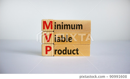 MVP, minimum viable product symbol. Wooden cubes and blocks with words MVP, minimum viable product. Beautiful white background. Business and MVP, minimum viable product concept, copy space. 90991608