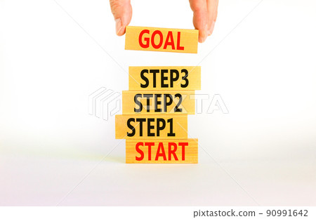 Strat, step and goal symbol. Concept words Start step 1 2 3 goal on wooden blocks on a beautiful white table white background. Businessman hand. Business start step 1 2 3 to goal concept. 90991642