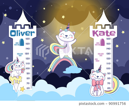 Flat kids height chart or growth wall meter with cute caticorn Flat kids height chart or growth wall meter with cute caticorn 90991756