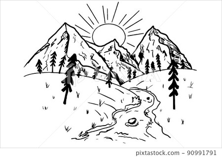 Line art hand drawn contour mountain landscape scenery isolated on white background. Art illustration, stylish in black, ink colour. 90991791