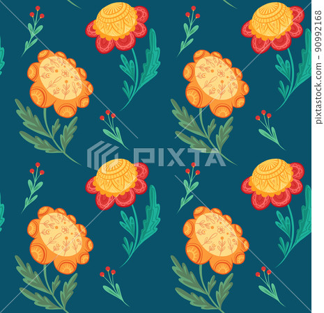Vector seamless pattern with flowers with folk art on a blue background. Naive traditional floral texture. Natural background with poppy and berries 90992168