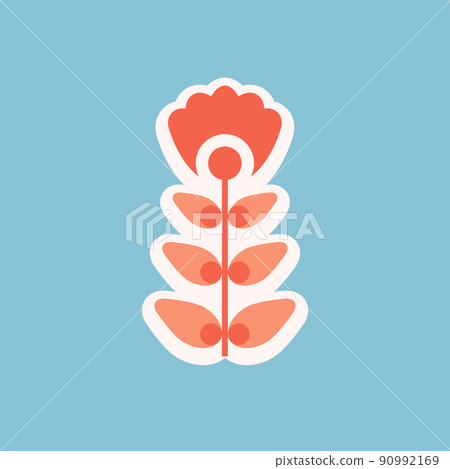 Vector illustration with a coral simple geometric flower on a stem with foliage on a blue background. Retro floral card Vector illustration with a coral simple geometric flower on a stem with foliage on a blue background. Retro floral card 90992169
