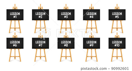 Realistic paint desk with text on black canvas. Wooden easel and a sheet of drawing paper. Presentation board on a tripod. Distance education, online courses and e-learning. Vector illustration 90992601