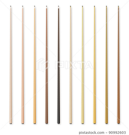 Various wooden billiard cues isolated on white background. Snooker sports equipment. Vintage pool cue. Active recreation and entertainment. Vector illustration 90992603