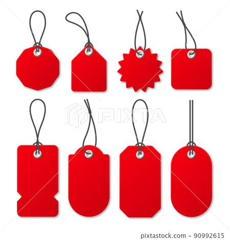 Realistic red price tags collection. Special offer or shopping discount label. Retail paper sticker. Promotional sale badge. Vector illustration. 90992615