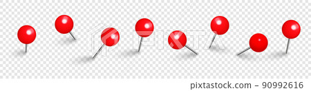 Realistic red push pins. Board tacks isolated on transparent background. Plastic pushpin with needle. Vector illustration. 90992616