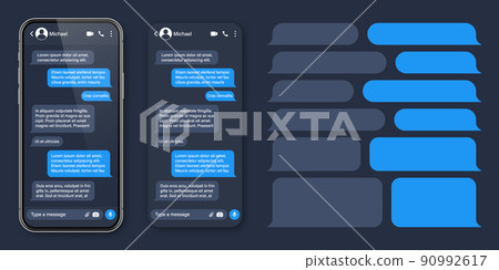 Realistic smartphone with messaging app. SMS text frame. Conversation chat screen with blue message bubbles and placeholder text. Social media application. Vector illustration. 90992617
