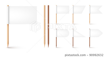 Realistic various toothpick flags. Wooden toothpicks with white paper flag. Location mark, map pointer. Blank mockup for advertising and promotions. Vector illustration Realistic various toothpick flags. Wooden toothpicks with white paper flag. Location mark, map pointer. Blank mockup for advertising and promotions. Vector illustration 90992632
