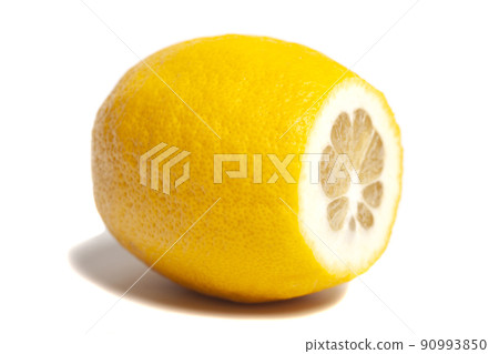 Single sliced lemon citrus fruit isolated on white background 90993850