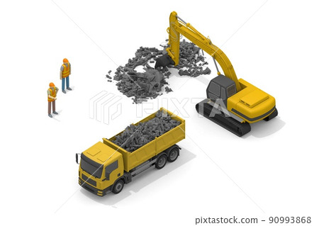 在卡車上裝載鐵屑。操作挖掘機車。在建築工地工作。住宅建築工作。 90993868